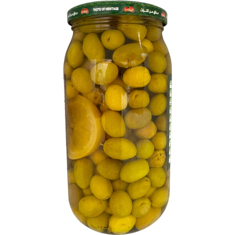 Alsaadah green olives in a jar, the best green olives for Mediterranean dishes.