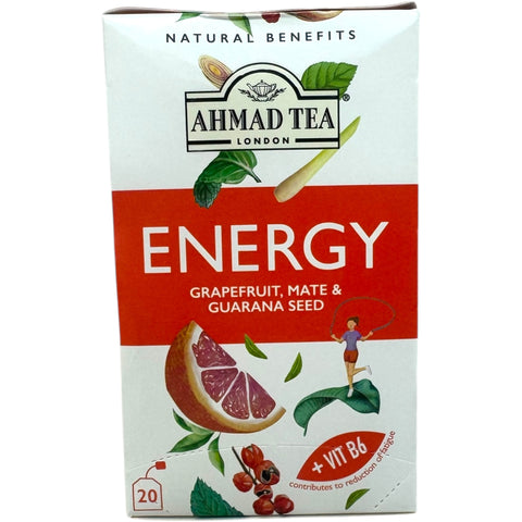 Ahmad tea energy packaging featuring energy herbal tea blend for a revitalizing experience.