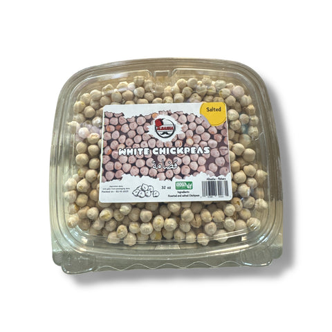 Albasha Roasted & Salted White Chickpeas – 32 oz, a crunchy and healthy salted chickpeas pack in a resealable container.