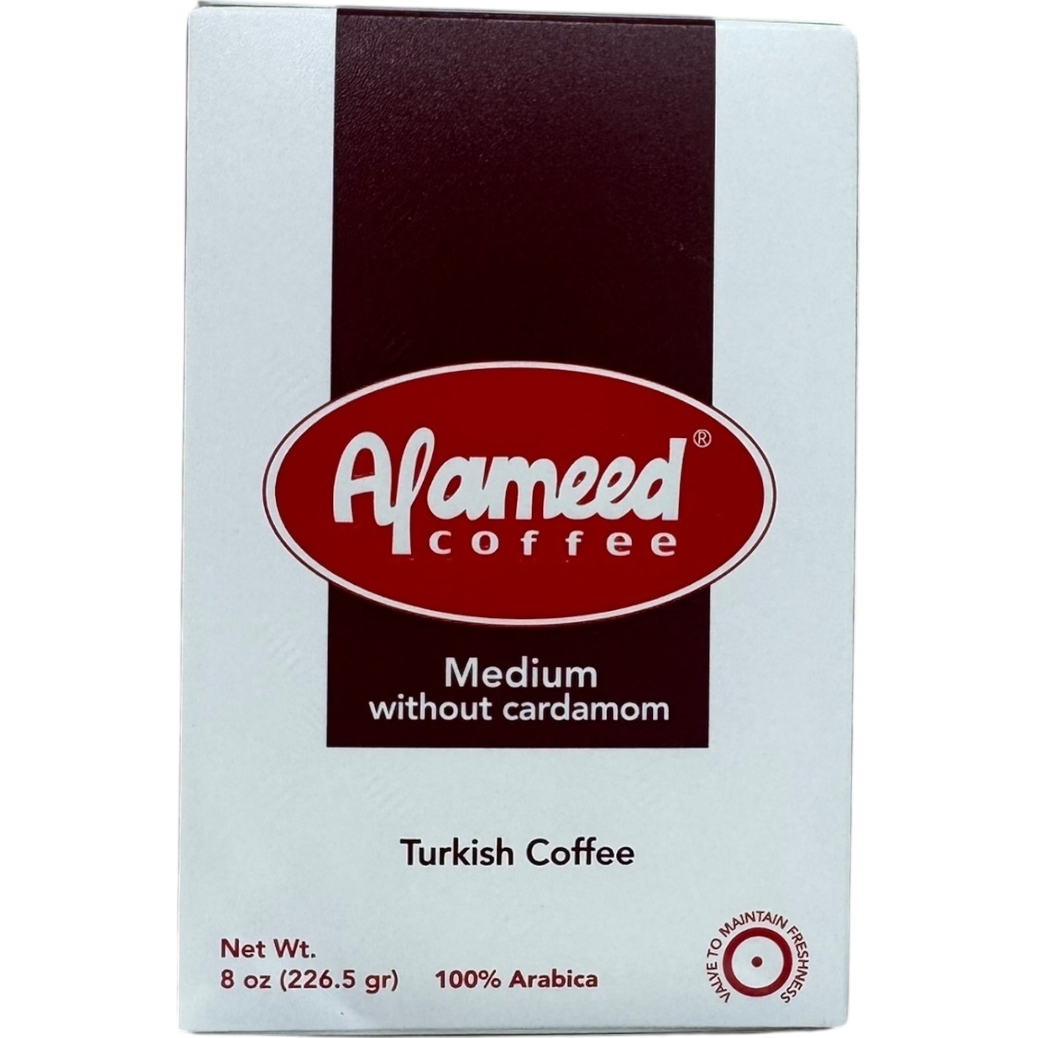 Alameed Turkish coffee medium without cardamom packaging showing rich coffee grounds and branding from ALBASHA Store.