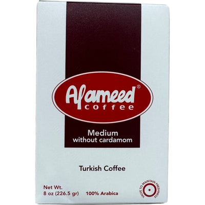 Alameed Turkish coffee medium without cardamom packaging showing rich coffee grounds and branding from ALBASHA Store.