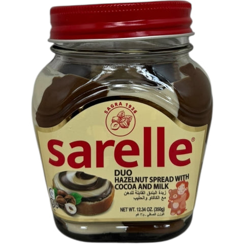 Sarelle duo hazelnut spread with cocoa and milk, featuring a creamy hazelnut chocolate texture, perfect for spreading on toast or using in desserts.