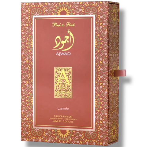 Close-up of Latafa Ajwad Pink to Pink perfume highlighting the intricate details and highlighting its signature pink floral fragrance.