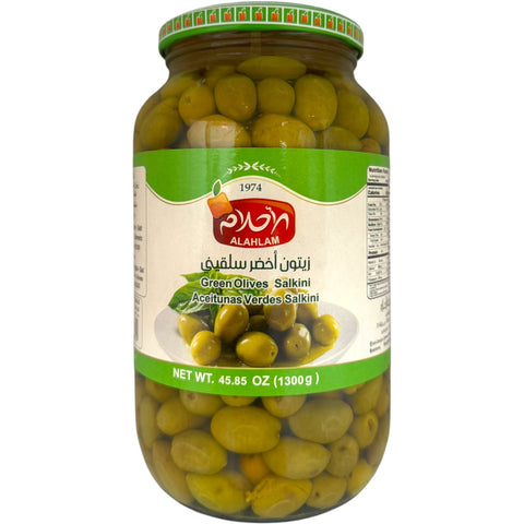 Alahlam green salkini olives in a glass jar, showcasing the premium quality of these green salkini olives.