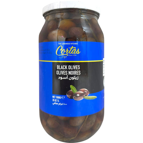 Cortas black olives, premium whole black olives from ALBASHA Store, perfect for salads, cooking, or snacking.