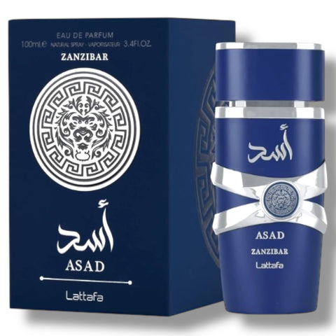 Latafa Asad Zanzibar fragrance bottle showcasing its elegant design and captivating scent.