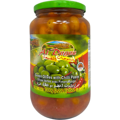 Al Dayaa green olives with chili paste jar showcasing flavorful green olives with chili, perfect for enhancing any dish.