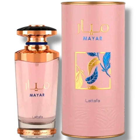 Latafa Mayar Pink fragrance bottle displayed elegantly in a bright setting.