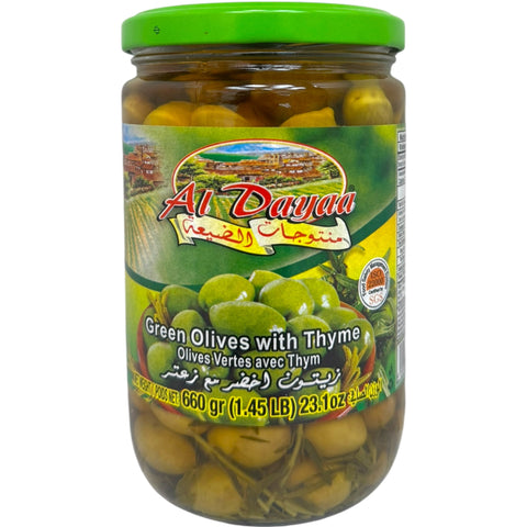 Al dayaa green olives with thyme, a high-quality product offered by ALBASHA Store, perfect for Mediterranean recipes.