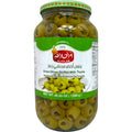 Alahlam green olives, stuffed thyme, presented in an elegant glass jar.