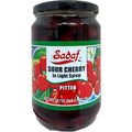 Sadaf sour cherry in light syrup pitted 700g showcasing pitted sour cherries in a glass jar.