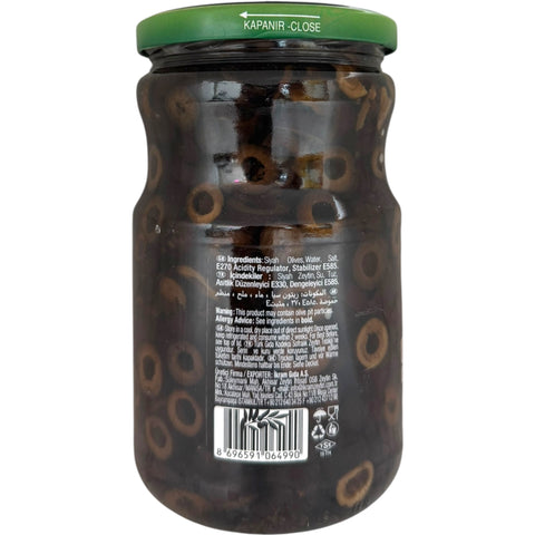 Authentic Ikram sliced black olives, a savory addition to your culinary creations, available at ALBASHA Store.