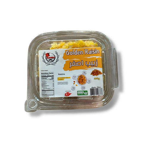 Albasha Golden Raisins – 400g, a 100% natural sweet and chewy snack from Turkey, showcasing the rich, golden color and texture of premium golden raisins from Turkey.