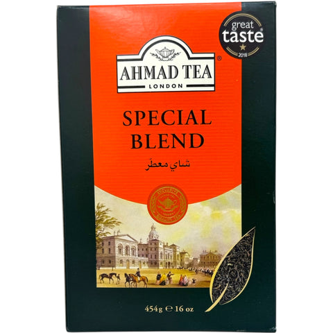 Close-up view of Ahmad tea special blend tea steeping in a cup, showcasing its rich color.