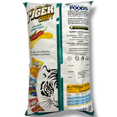 Tiger crispy chips sweet chili packaging showcasing the enticing sweet chili crispy chips that deliver a perfect balance of taste and crunch.