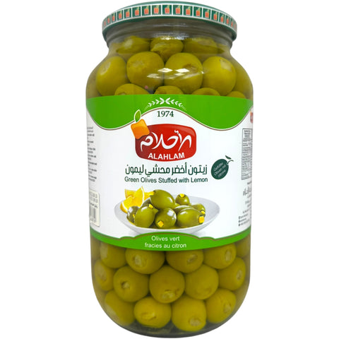 Alahlam green olives stuffed with lemon, showcasing the quality and freshness of these delicious stuffed olives with lemon.
