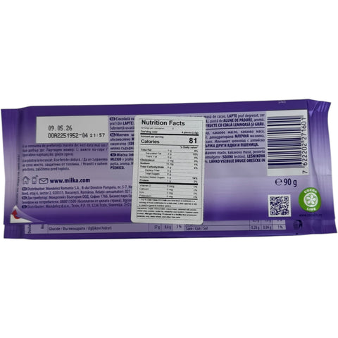 Close-up of Milka alpine milk chocolate 90g, highlighting its creamy texture and Alpine ingredients.