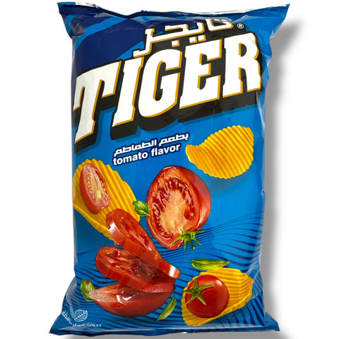 Tiger chips tomato 90g packaging featuring delicious tomato-flavored chips from ALBASHA Store.