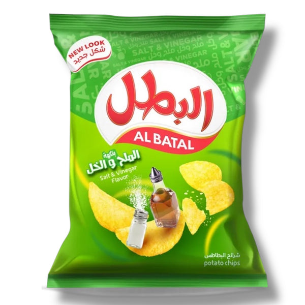 Al Batal Salt & Vinegar Chips – Arabic Halal Tangy Snack (100g) featuring a refreshing and bold flavor, perfect for lovers of tangy potato chips.
