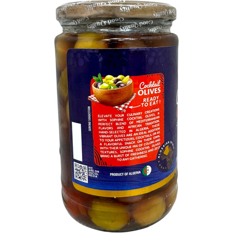 Sophine cocktail olives in a jar, perfect for garnishing drinks or enjoying as a snack.