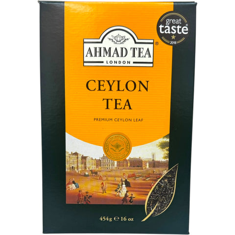 Ahmad Ceylon tea loose leaf packed in a decorative box, showcasing its rich color and quality.