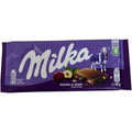 Milka raisins and nuts chocolate bar showing the Milka chocolate with raisins flavor, perfect for nut lovers.
