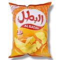 Al Batal Cheese Flavor Potato Chips packaging showcasing the vibrant design and branding from ALBASHA Store. The bag features highlights of crunchy cheese flavor potato chips, emphasizing their Halal certification and perfect for snacking.