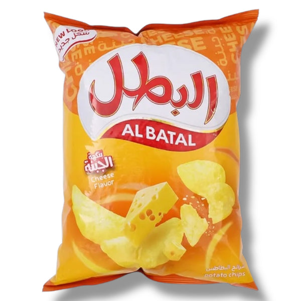 Al Batal Cheese Flavor Potato Chips packaging showcasing the vibrant design and branding from ALBASHA Store. The bag features highlights of crunchy cheese flavor potato chips, emphasizing their Halal certification and perfect for snacking.