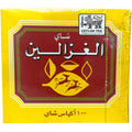 Close-up of Alghazaleen tea bag featuring organic Arabic tea leaves and eco-friendly tag.