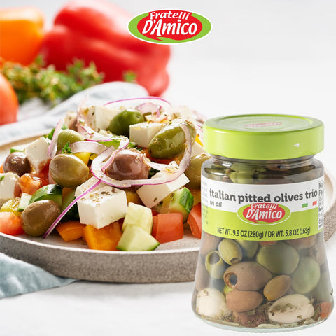 Fratelli D'Amico, Italian Olives Mix Pitted with garlic and red and yellow peppers, 9.9 oz  (280g)