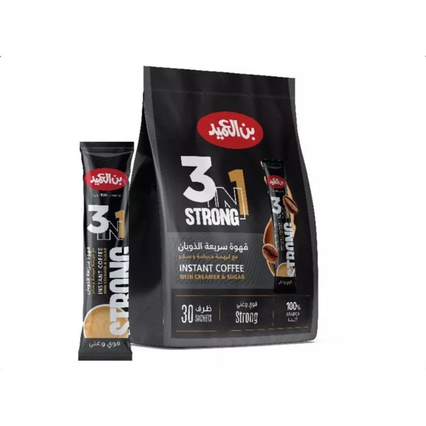 Alameed 3in1 Strong Coffee Mix packaging featuring the product title and vendor name ALBASHA Market. This instant coffee mix boasts a rich flavor and convenient preparation, with the package showcasing the blend's strength. Ideal for coffee lovers seeking an easy brew option. alameed