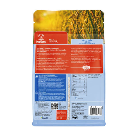 Hasata Rice Baldo 2Kg displayed on a kitchen countertop, ideal for various recipes featuring baldo rice.
