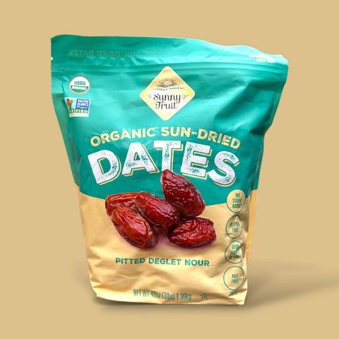 Package of Sunny Fruit Organic Sun-Dried Pitted Deglet Nour Dates, highlighting organic certification and convenient pitted nature.
