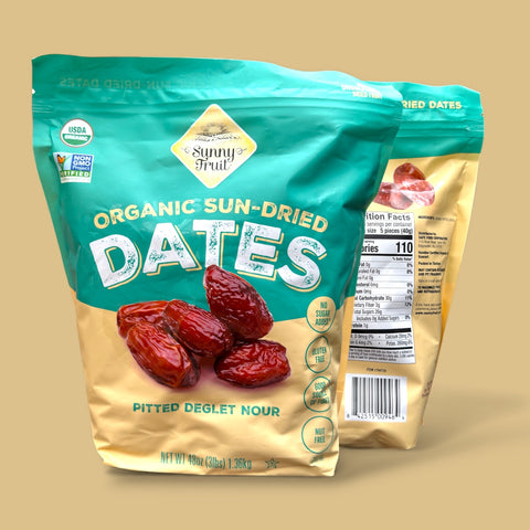 Ingredients and nutritional information of Sunny Fruit Organic Sun-Dried Dates – Pitted Deglet Nour, emphasizing health benefits.