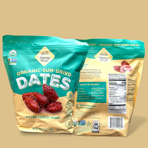 Healthy snack display of Sunny Fruit Organic Sun-Dried Pitted Deglet Nour Dates, showcasing versatility in healthy eating.
