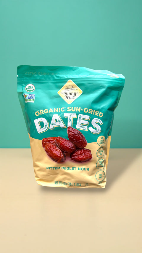 Nutritious serving suggestion of Sunny Fruit Organic Sun-Dried Pitted Deglet Nour Dates, perfect for use in granola or yogurt.