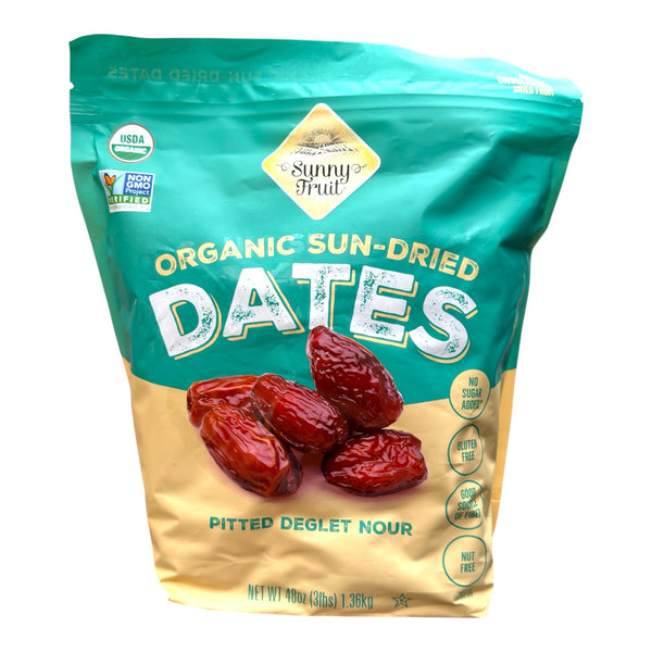 Sunny Fruit Organic Sun-Dried Dates – Pitted Deglet Nour 48 oz pack featuring rich, chewy texture and organic quality of pitted deglet nour dates.