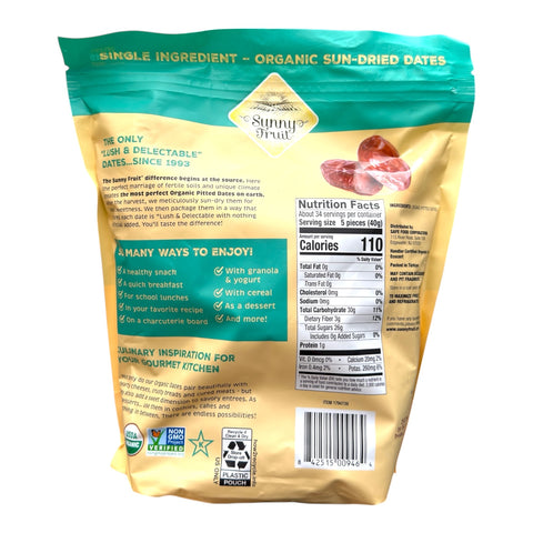 Close-up view of Sunny Fruit Organic Sun-Dried Pitted Deglet Nour Dates highlighting their natural sweetness and rich color, 48 oz packaging.