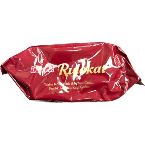 Close-up of Ulker Rulokat wafer rolls showcasing the crispy layers and chocolate filling.