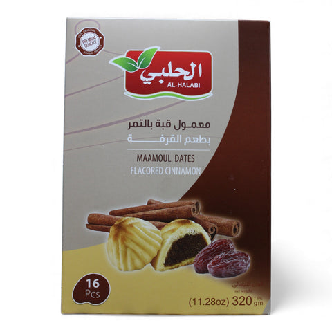 Maamoul Dates – Flavored Cinnamon, a delicious treat among cinnamon flavored snacks, in a package of 16 pcs, weighing 320g.