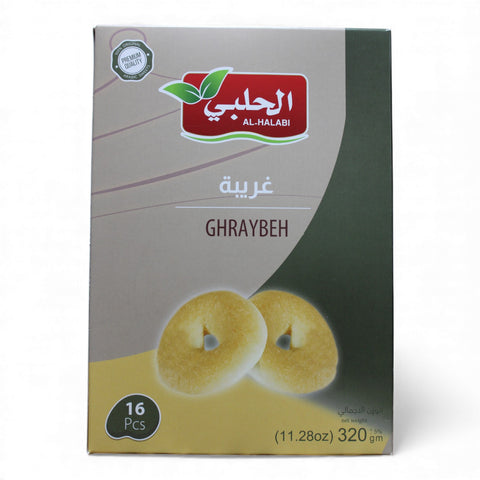 Ghraybeh – 16 pcs (320g) traditional middle eastern cookies displayed in a decorative box, showcasing their soft and delicate texture.
