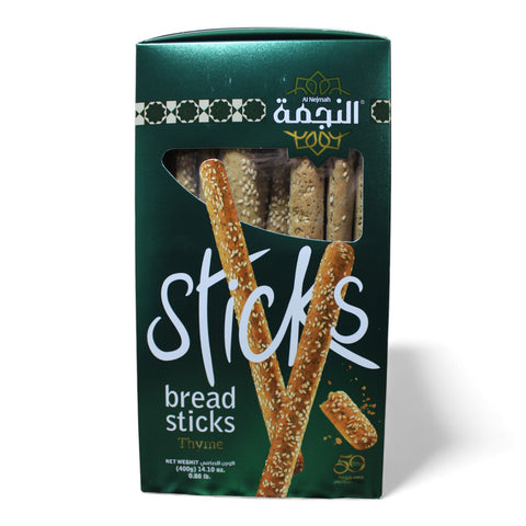 Al Nejmah Sweets – Bread Sticks Thyme (400g) featuring crispy thyme breadsticks, perfect for snacking and enhancing meals.