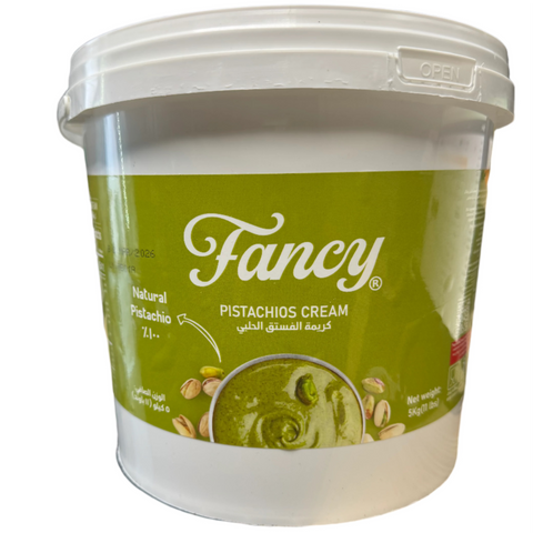 Front view of the Fancy Pistachio Cream 5kg - 11lb Jar - Luxurious Spread from Finest Dubai Pistachios by ALBASHA Store, showcasing its vibrant packaging and branding.