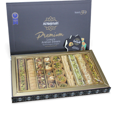 Delicious assortment of Al Nejmah Sweets – Baklava Mixed Premium 1000g, perfect for purchasing premium baklava online.
