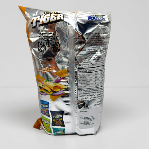 Close-up of Tiger Chips – 200g Seasoned Cheese, showcasing crunchy cheese chips with bold cheese flavor, perfect for sharing.
