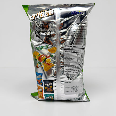 Tiger Chips – 200g Chili Lemon: Close-up view of chili lemon potato chips showcasing their unique blend of spicy chili and refreshing lemon taste.