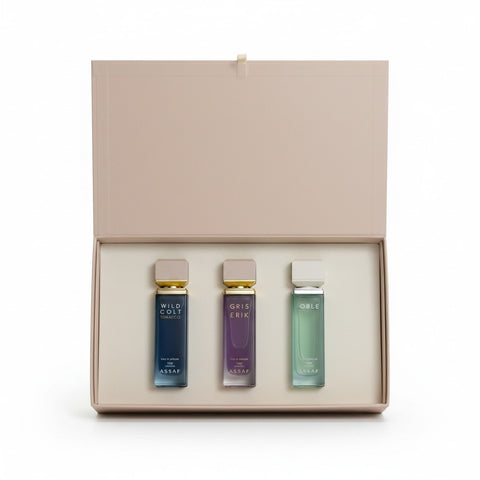 Assaf Riyadh Foundation Day Gift Set — 3x100ml Arabian luxury EDP, top-down flat lay