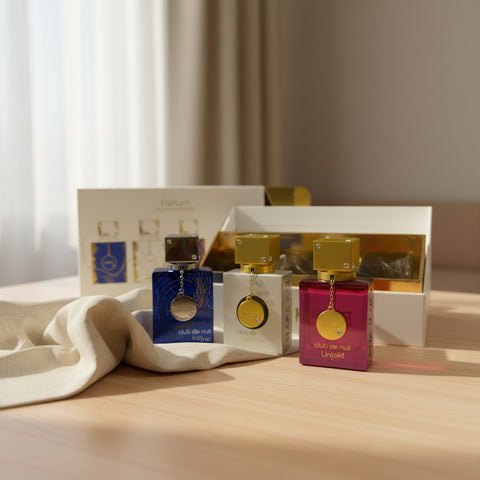 Armaf Club de Nuit Parfum Gift Set — Iconic Imperiale Untold 3x30ml, styled with marble background
