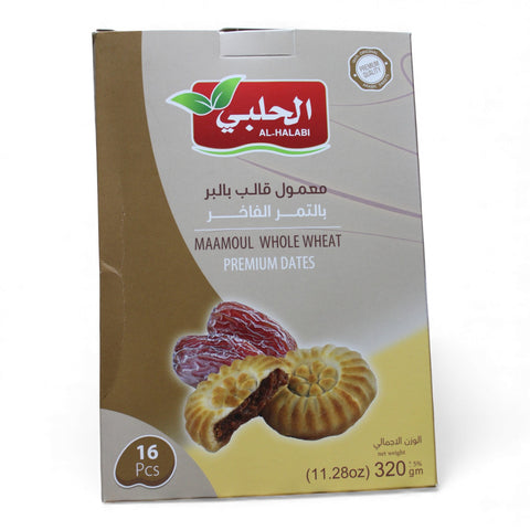 Maamoul Dates – Whole Wheat, a delightful treat made with whole wheat, available in a package of 16 pcs, 320g.