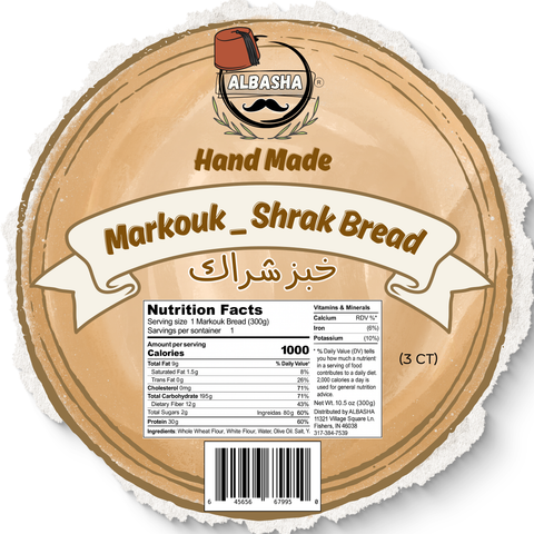 Albasha Handmade Shrak - Markook Bread Online - Authentic Middle Eastern Flatbread, emphasizing the quality ingredients and traditional methods used in creating markook bread - Shrak Bread.